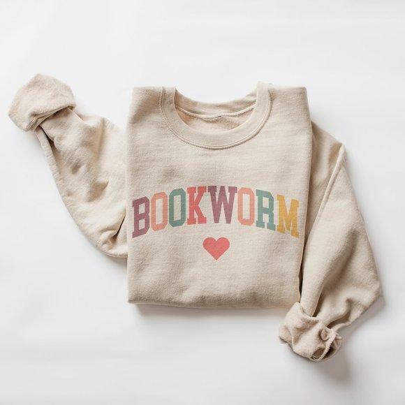 Aurlex Tees Tops - Bookworm Heart Sweatshirt - Cute Bookish Book Lover Gift Sand Sweater